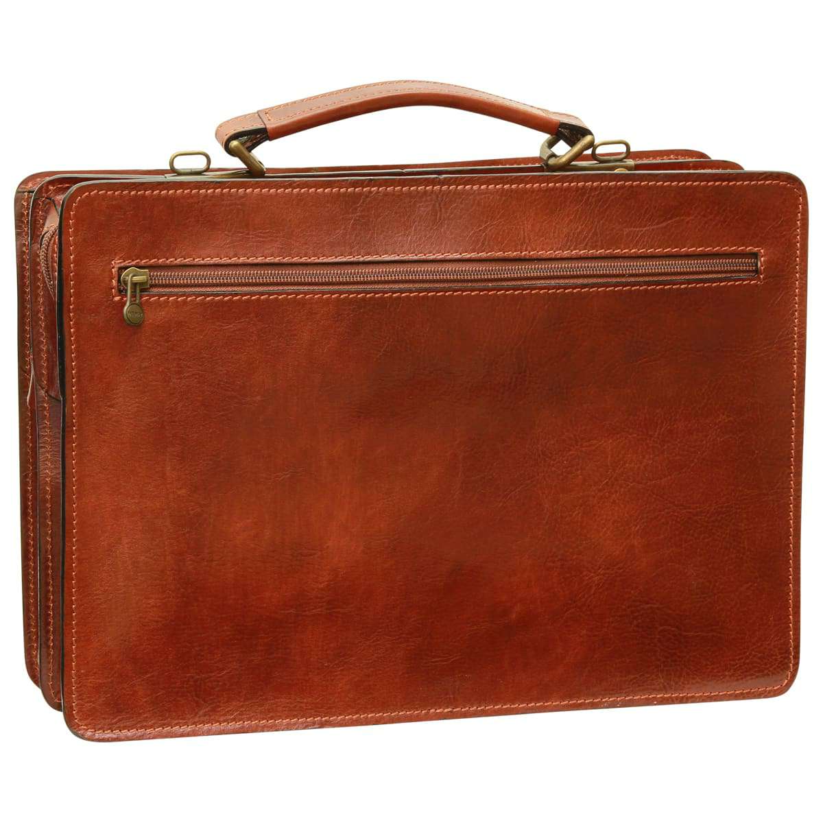 Leather Briefcase With 2 Front Pockets - Brown