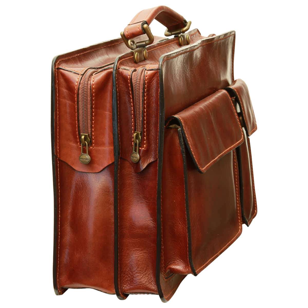 Leather Briefcase With 2 Front Pockets - Brown
