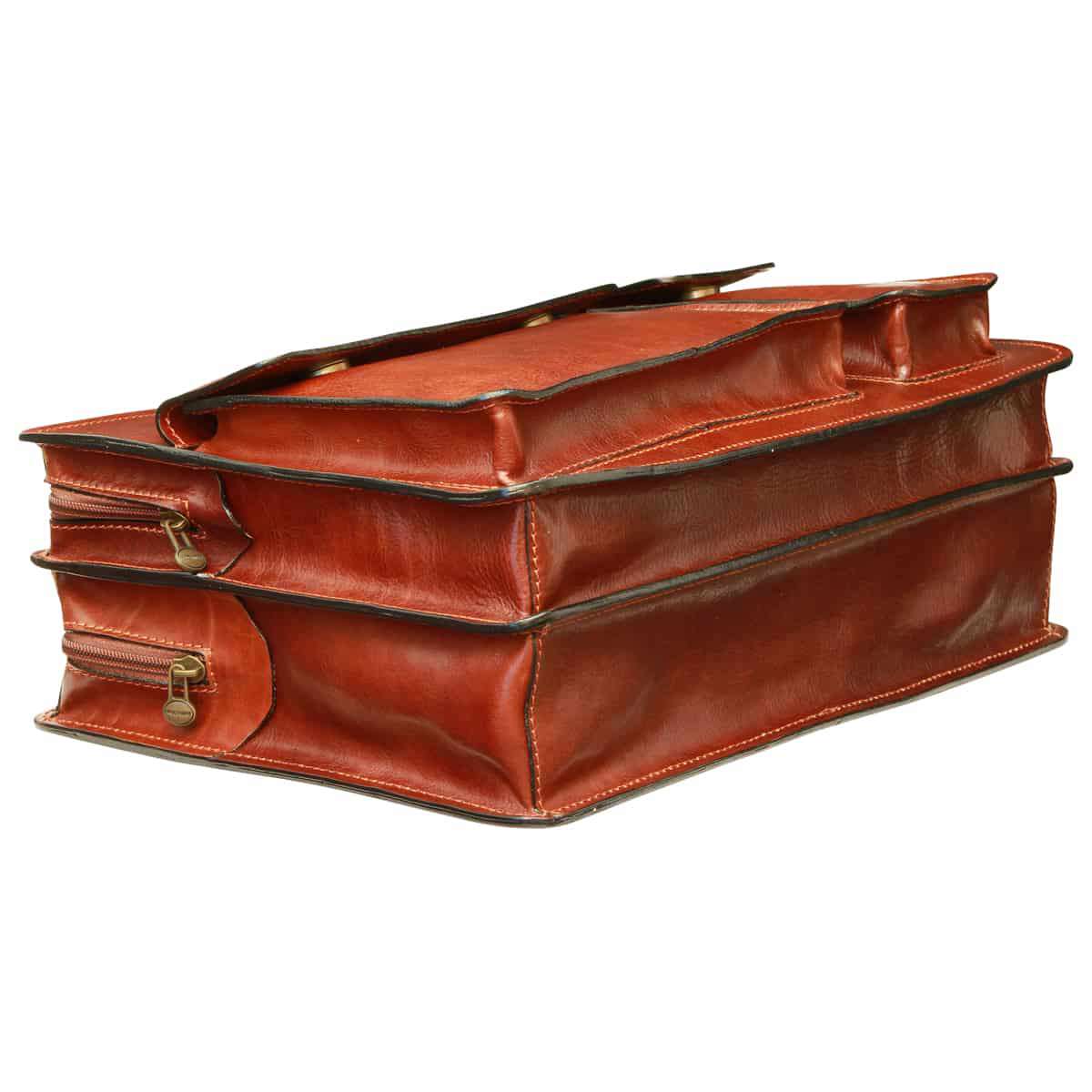 Leather Briefcase With 2 Front Pockets - Brown