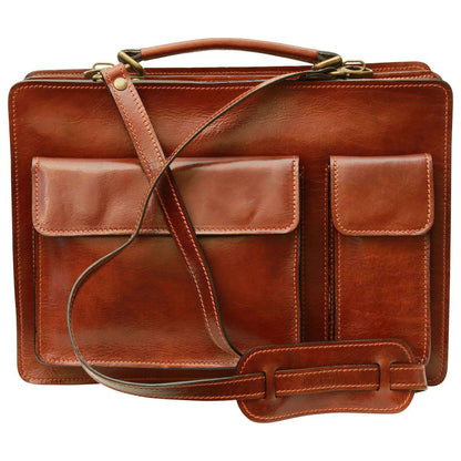 Leather Briefcase With 2 Front Pockets - Brown