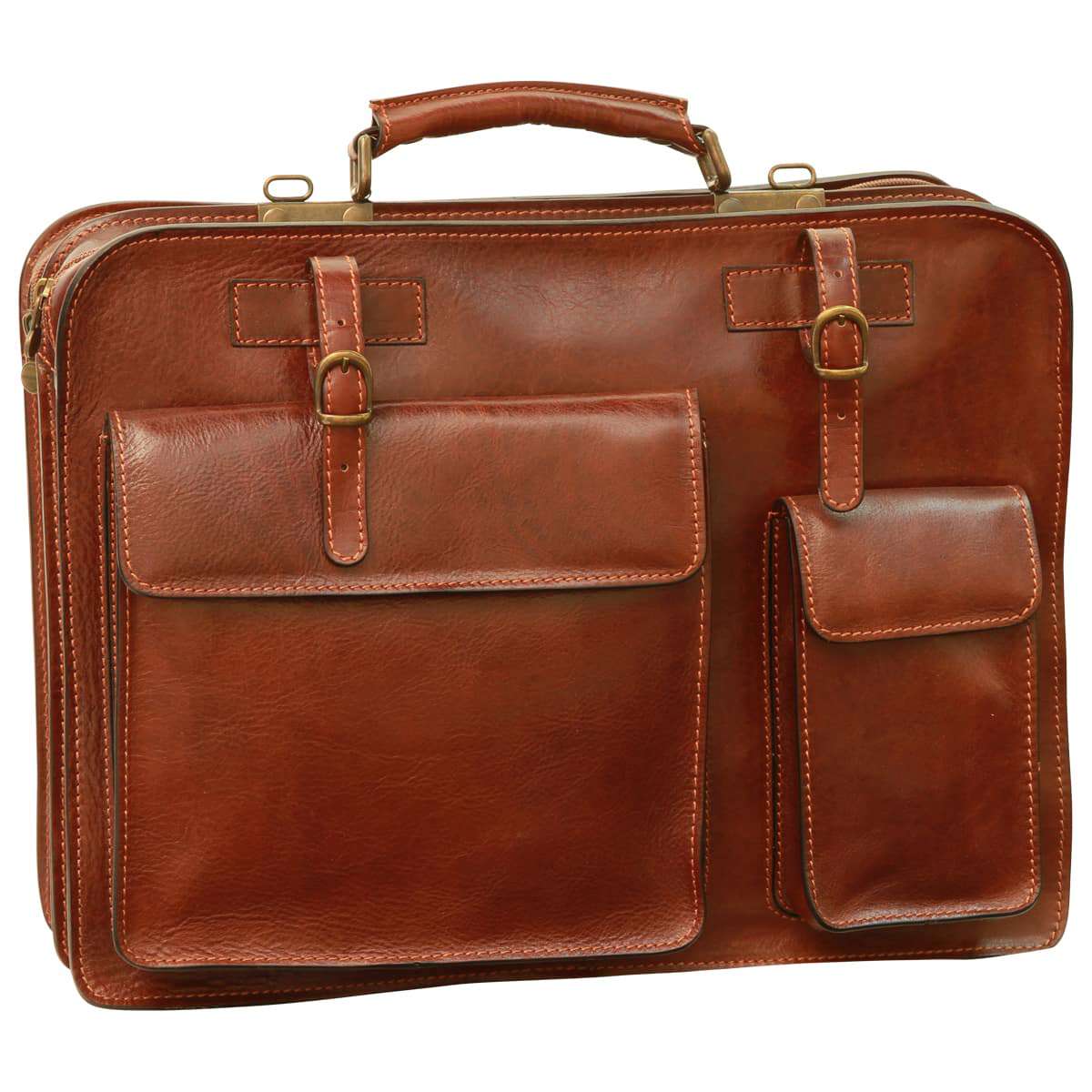 Leather Briefcase With Belt Straps - Brown