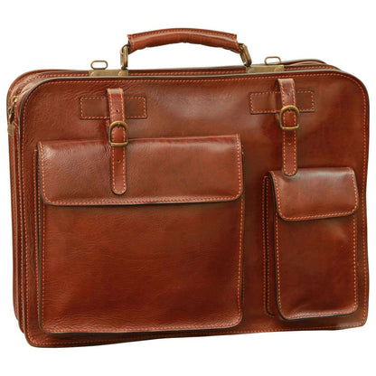 Leather Briefcase With Belt Straps - Brown