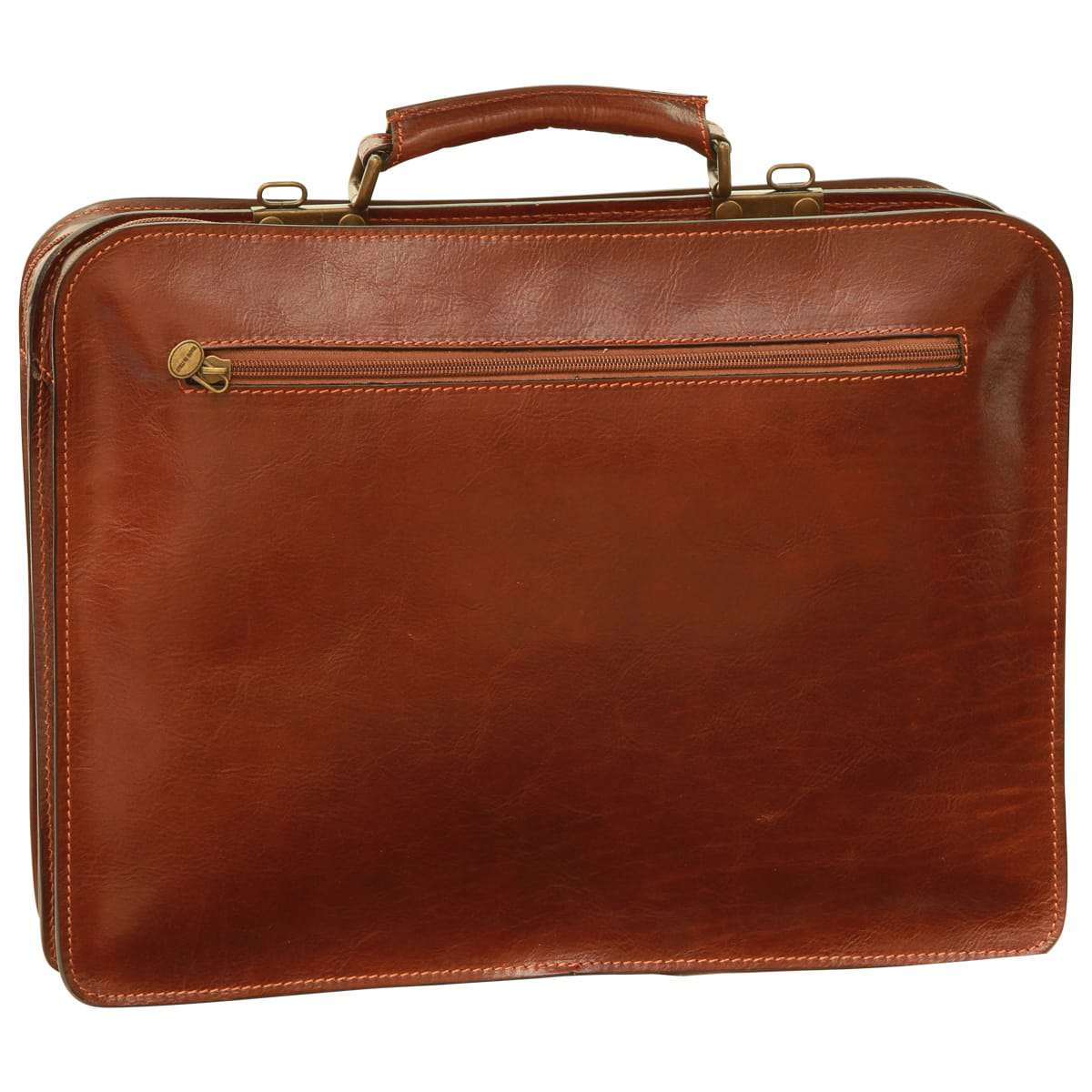 Leather Briefcase With Belt Straps - Brown