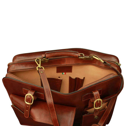 Leather Briefcase With Front Pockets (Magnetic Lock) - Brown