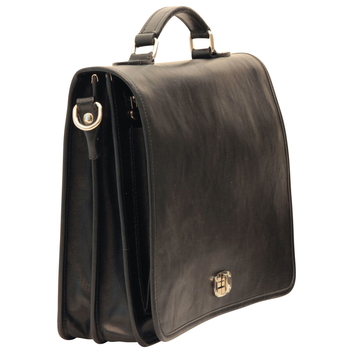 Cowhide Leather Full Length Flap Briefcase - Black