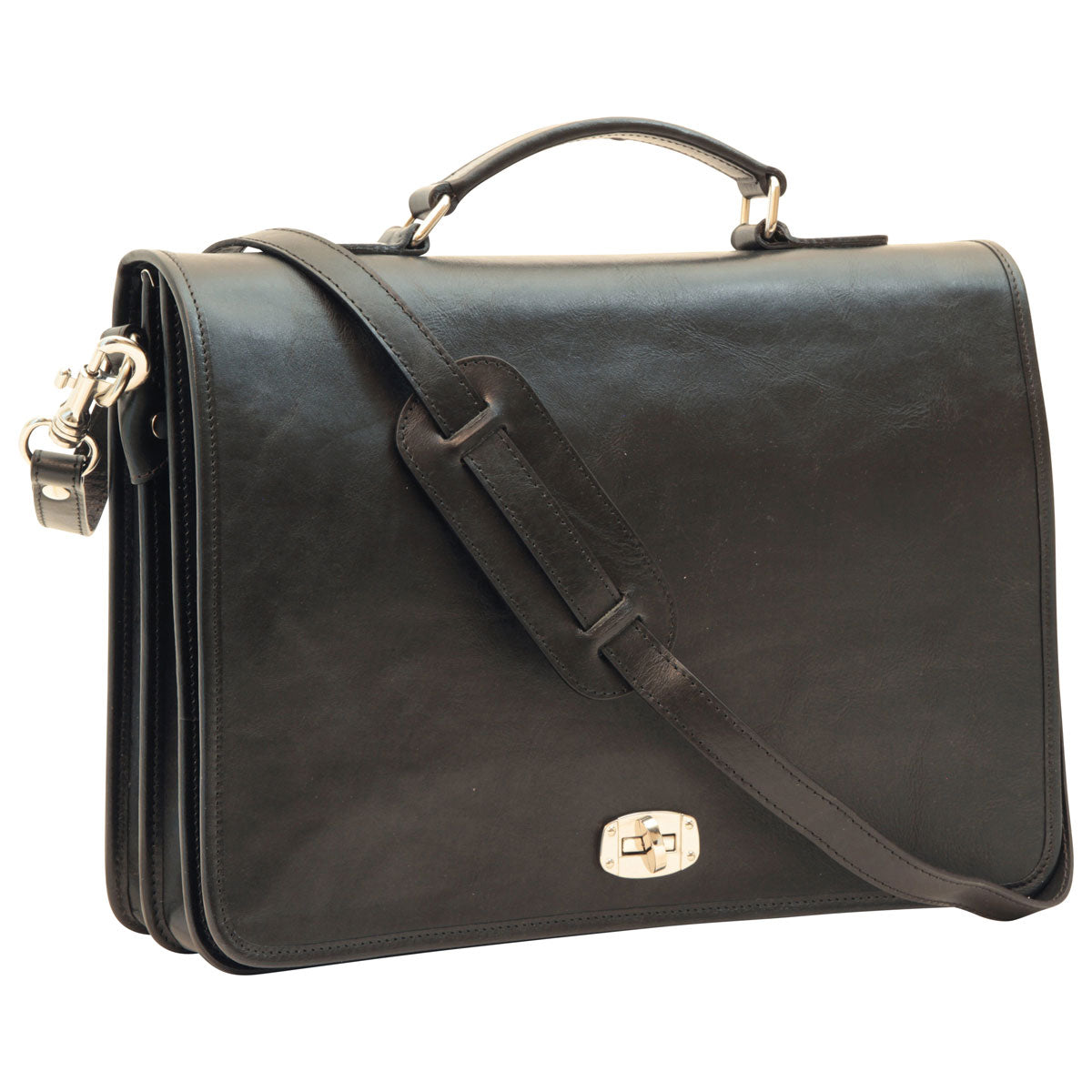 Cowhide Leather Full Length Flap Briefcase - Black