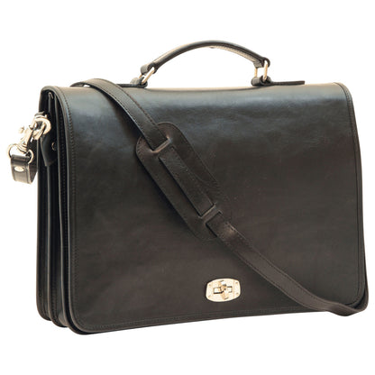 Cowhide Leather Full Length Flap Briefcase - Black