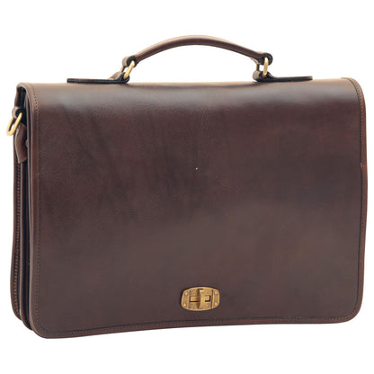 Cowhide Leather Full Length Flap Briefcase - Dark Brown