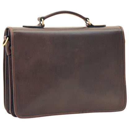 Cowhide Leather Full Length Flap Briefcase - Dark Brown