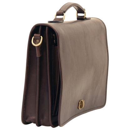 Cowhide Leather Full Length Flap Briefcase - Dark Brown
