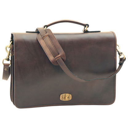 Cowhide Leather Full Length Flap Briefcase - Dark Brown