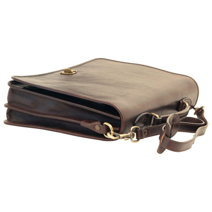 Cowhide Leather Full Length Flap Briefcase - Dark Brown