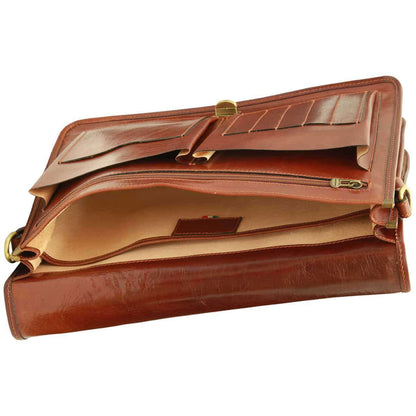 Cowhide Leather Full Length Flap Briefcase - Brown