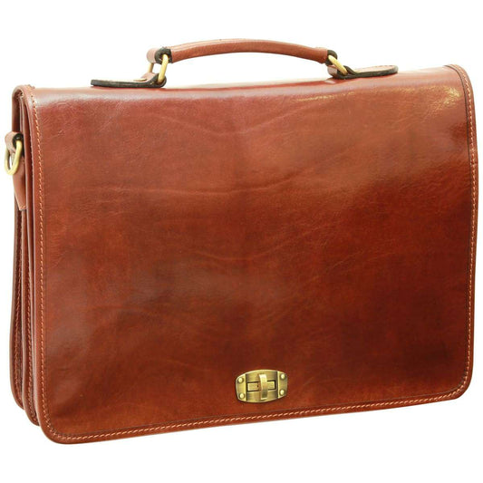 Cowhide Leather Full Length Flap Briefcase - Brown