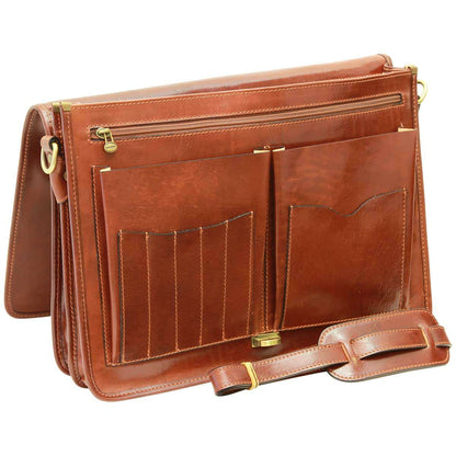 Cowhide Leather Full Length Flap Briefcase - Brown