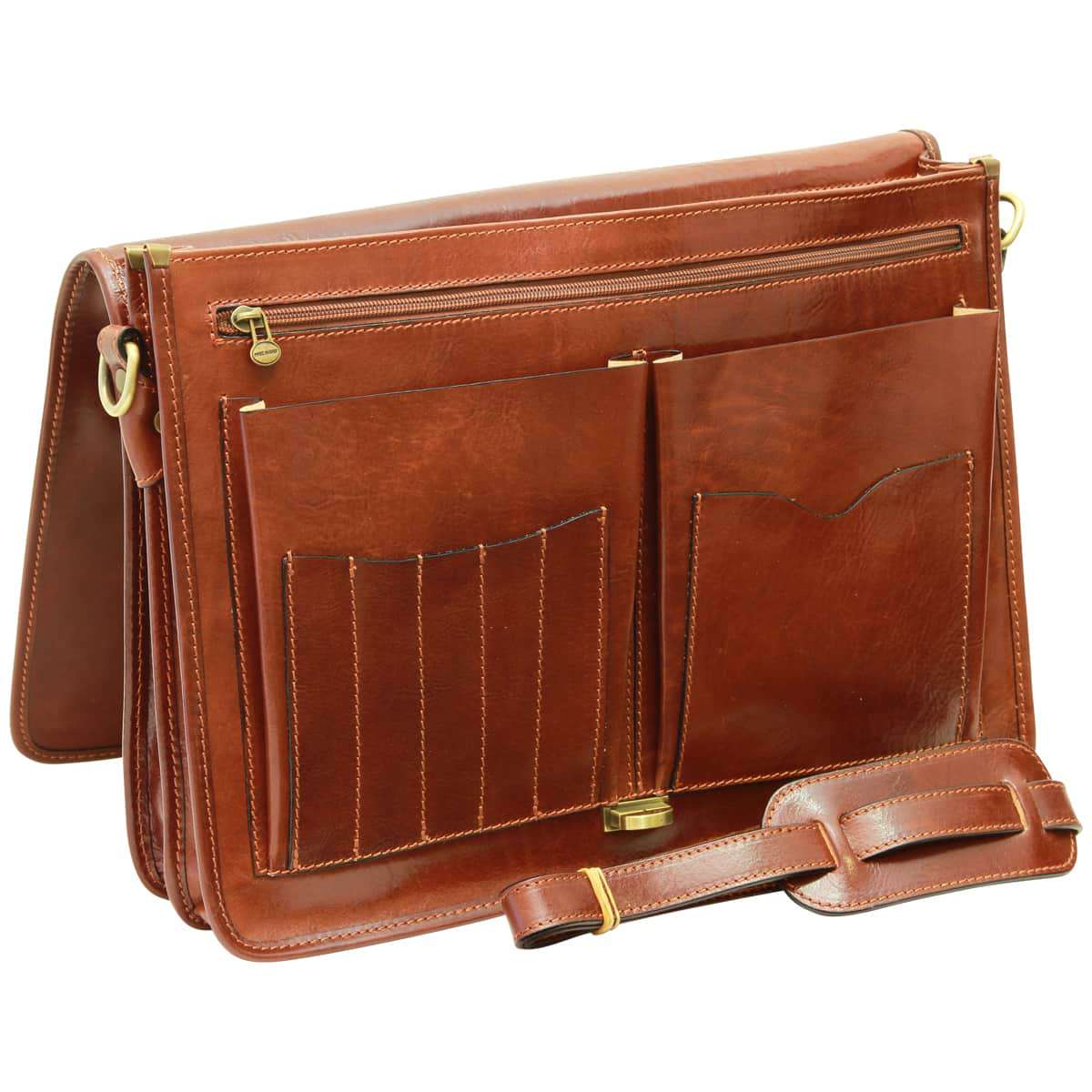 Cowhide Leather Full Length Flap Briefcase - Brown