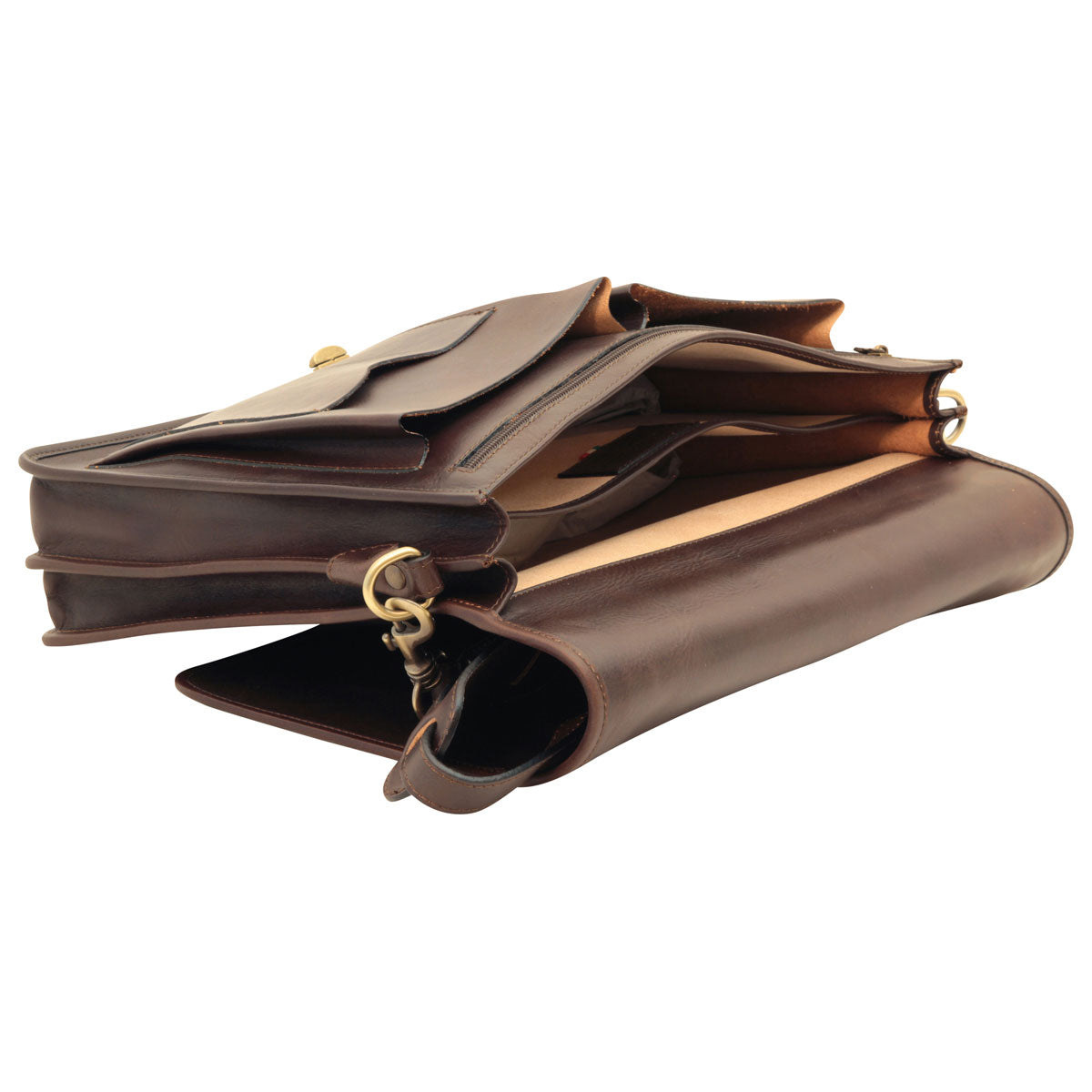 Cowhide Leather Full Length Flap Briefcase - Dark Brown