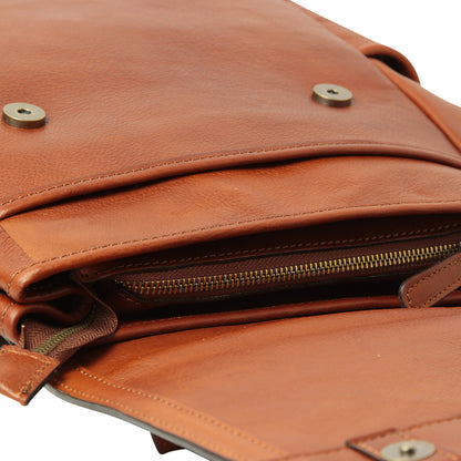 Soft Calfskin Leather Laptop Backpack With Backside Troller Strap -Teak