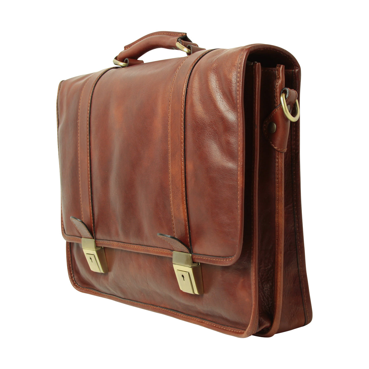 Soft Calfskin Leather Briefcase With Shoulder Strap - Brown