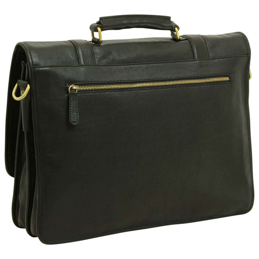 Soft Calfskin Leather Briefcase With Shoulder Strap - Black