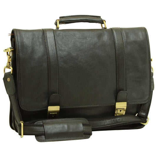 Soft Calfskin Leather Briefcase With Shoulder Strap - Black