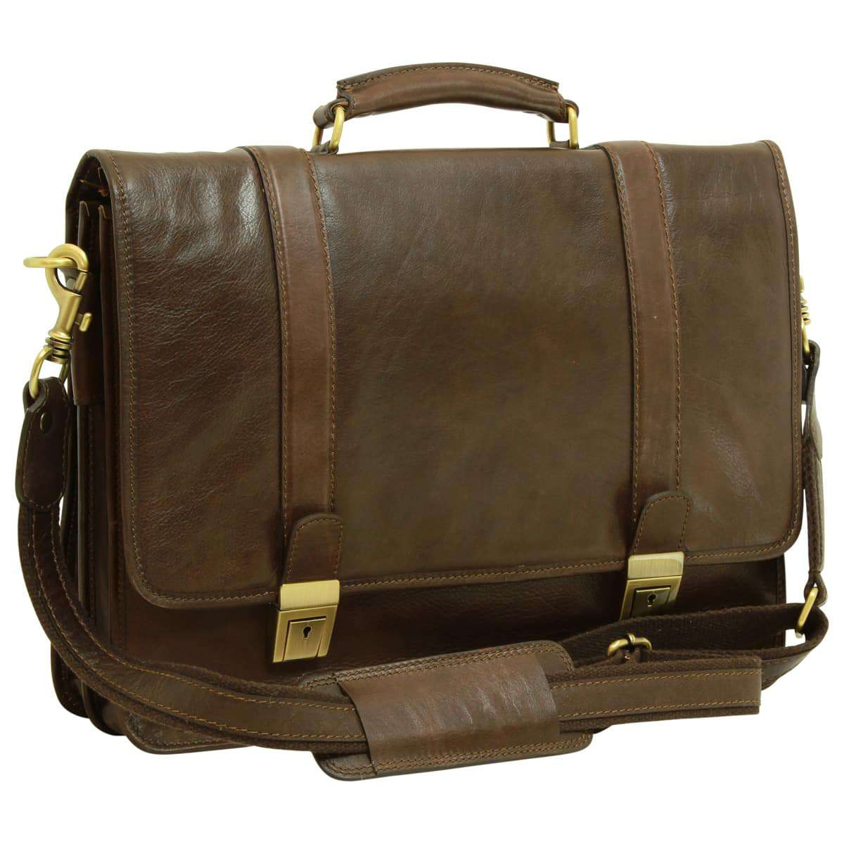 Soft Calfskin Leather Briefcase With Shoulder Strap - Dark Brown