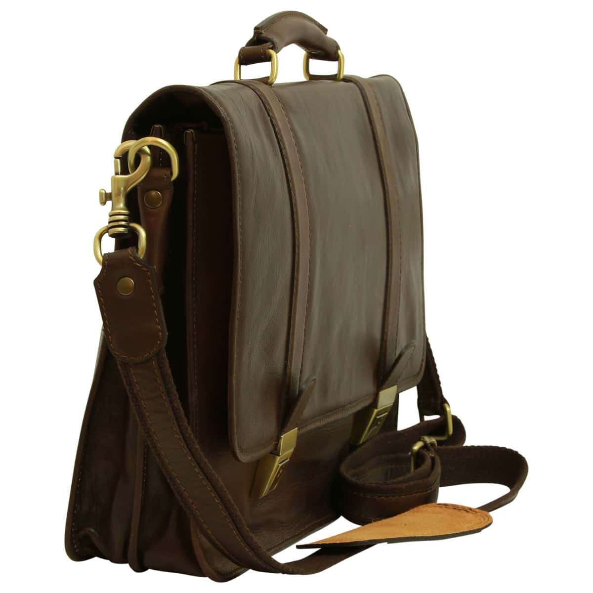 Soft Calfskin Leather Briefcase With Shoulder Strap - Dark Brown