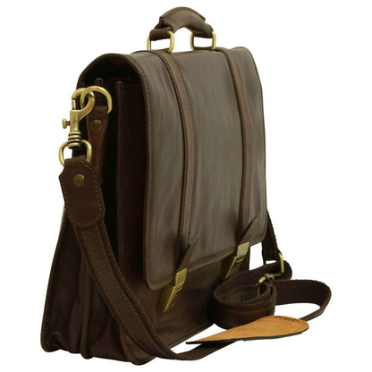 Soft Calfskin Leather Briefcase With Shoulder Strap - Dark Brown