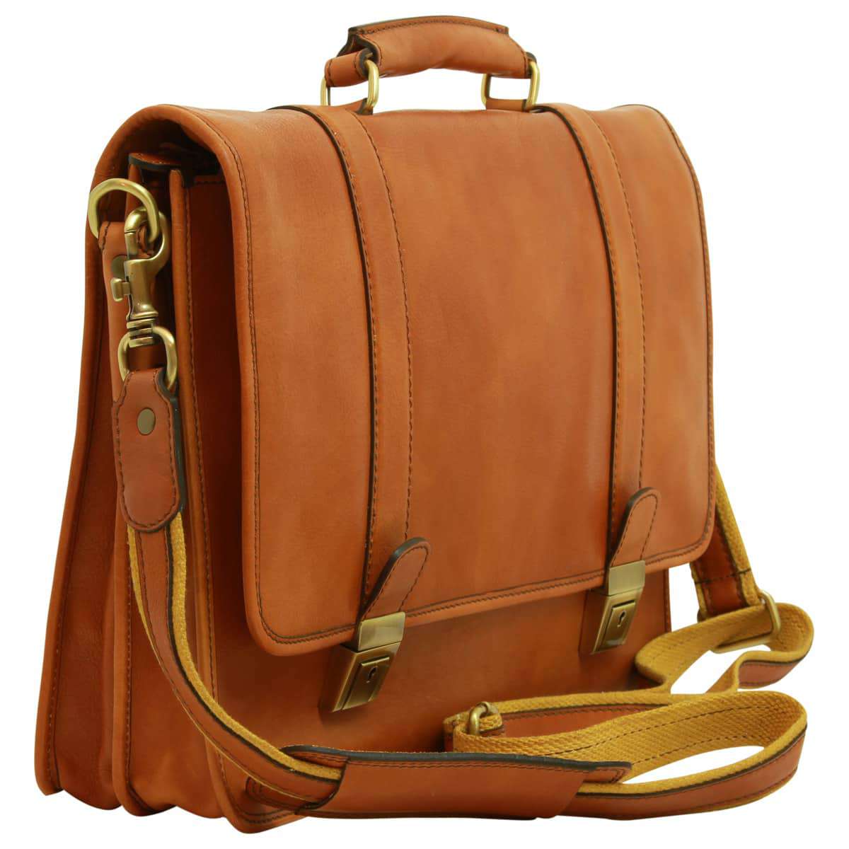 Soft Calfskin Leather Briefcase With Shoulder Strap - Gold