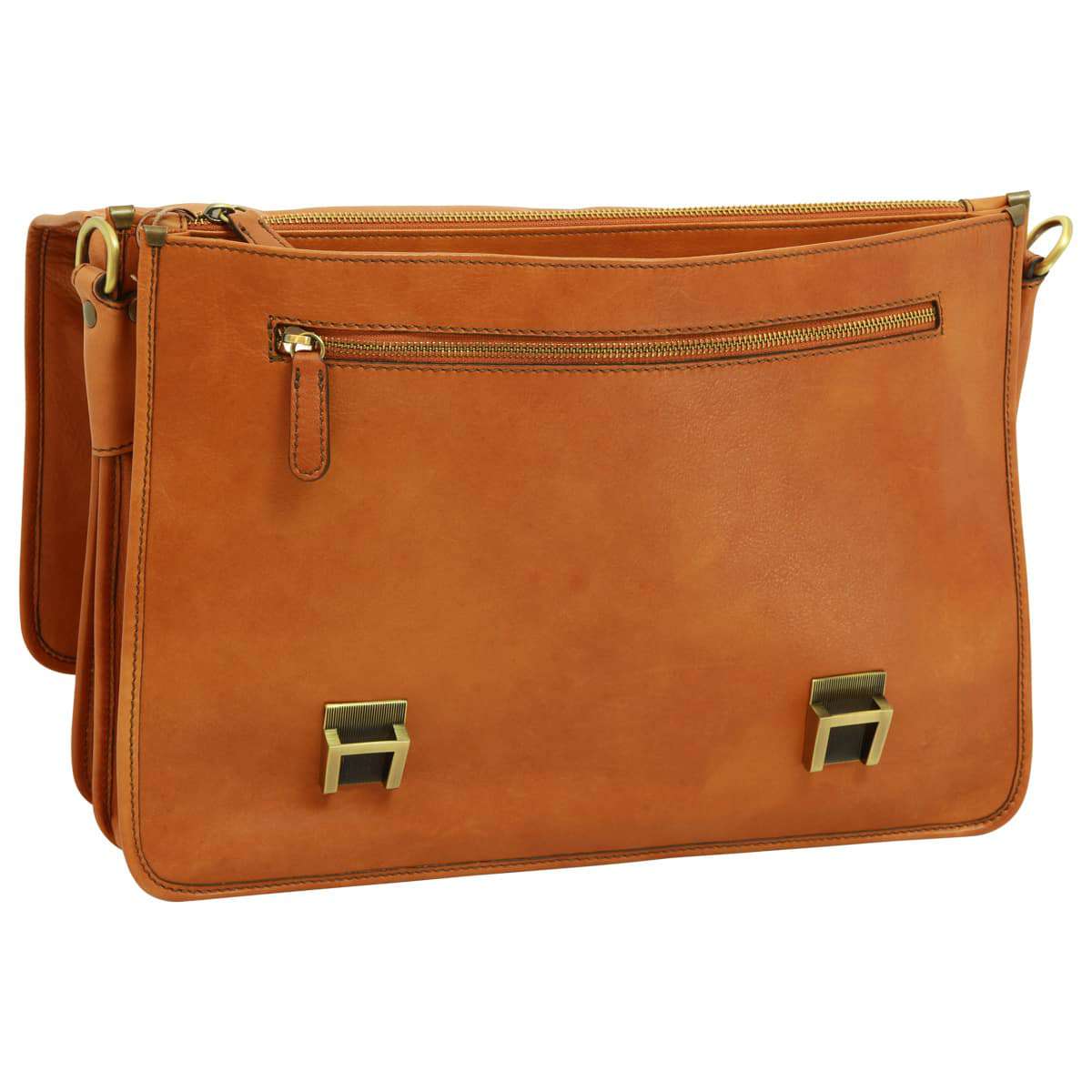 Soft Calfskin Leather Briefcase With Shoulder Strap - Gold