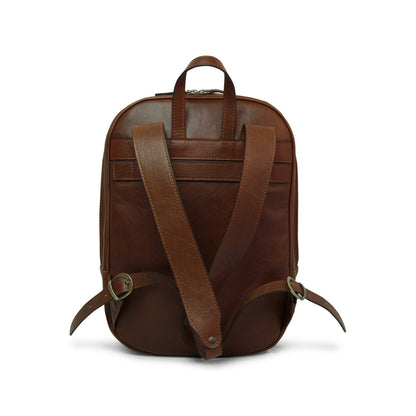 Soft Calfskin Leather Laptop Backpack With Backside Troller Strap -Chestnut