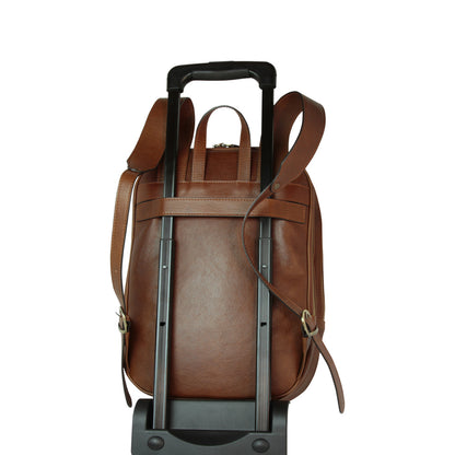 Soft Calfskin Leather Laptop Backpack With Backside Troller Strap -Chestnut