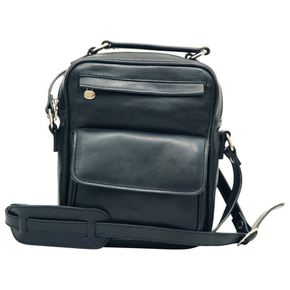 Leather Shoulder Bag With Front Pocket - Black