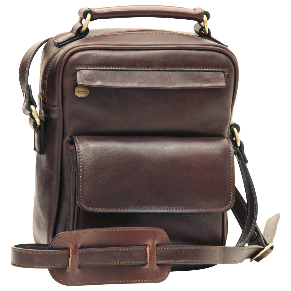 Leather Shoulder Bag With Front Pocket - Dark Brown