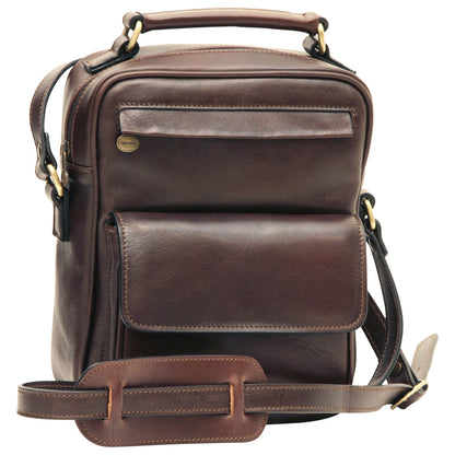 Leather Shoulder Bag With Front Pocket - Dark Brown