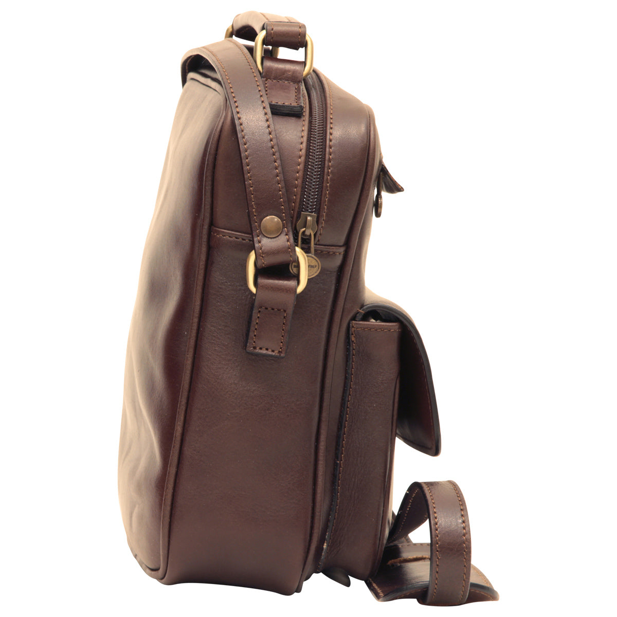 Leather Shoulder Bag With Front Pocket - Dark Brown
