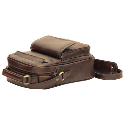 Leather Shoulder Bag With Front Pocket - Dark Brown