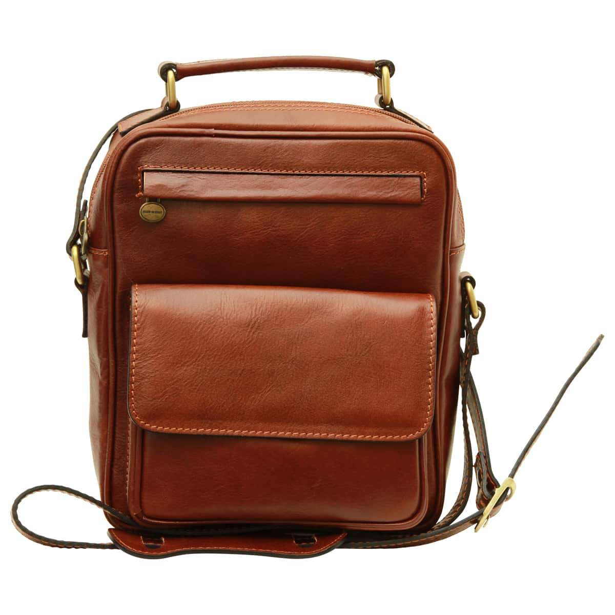 Leather Shoulder Bag With Front Pocket - Brown