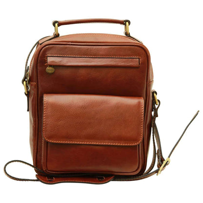 Leather Shoulder Bag With Front Pocket - Brown