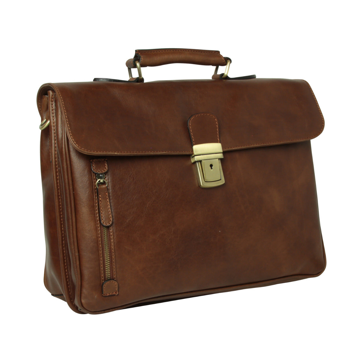 Premium Oiled Calfskin Leather Briefcase With Shoulder Strap - Chestnut