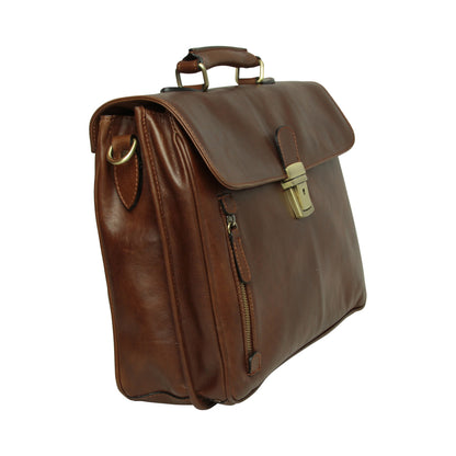 Premium Oiled Calfskin Leather Briefcase With Shoulder Strap - Chestnut