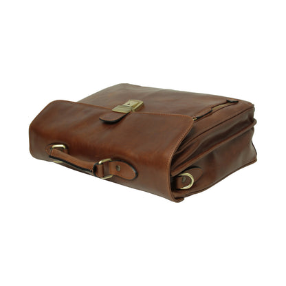 Premium Oiled Calfskin Leather Briefcase With Shoulder Strap - Chestnut