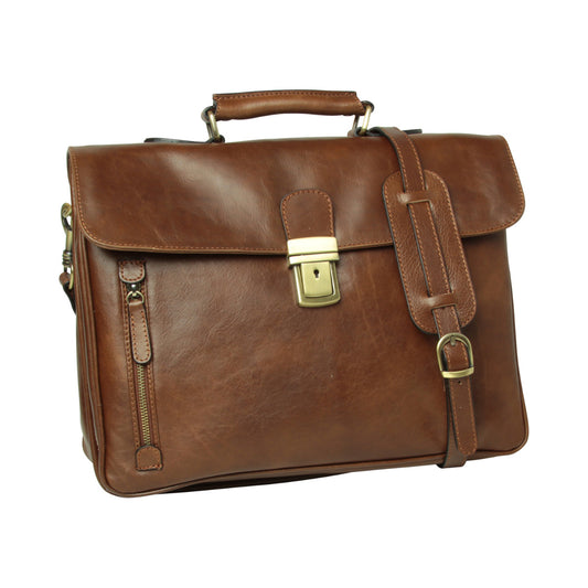 Premium Oiled Calfskin Leather Briefcase With Shoulder Strap - Chestnut