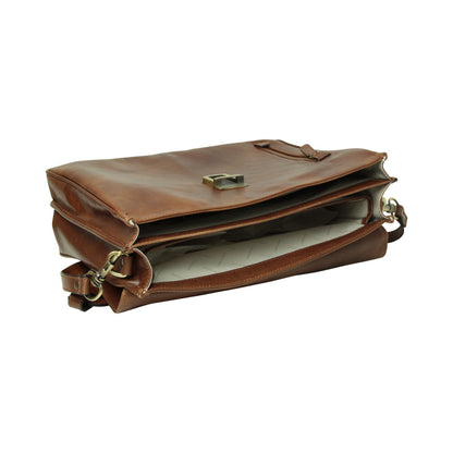 Premium Oiled Calfskin Leather Briefcase With Shoulder Strap - Chestnut
