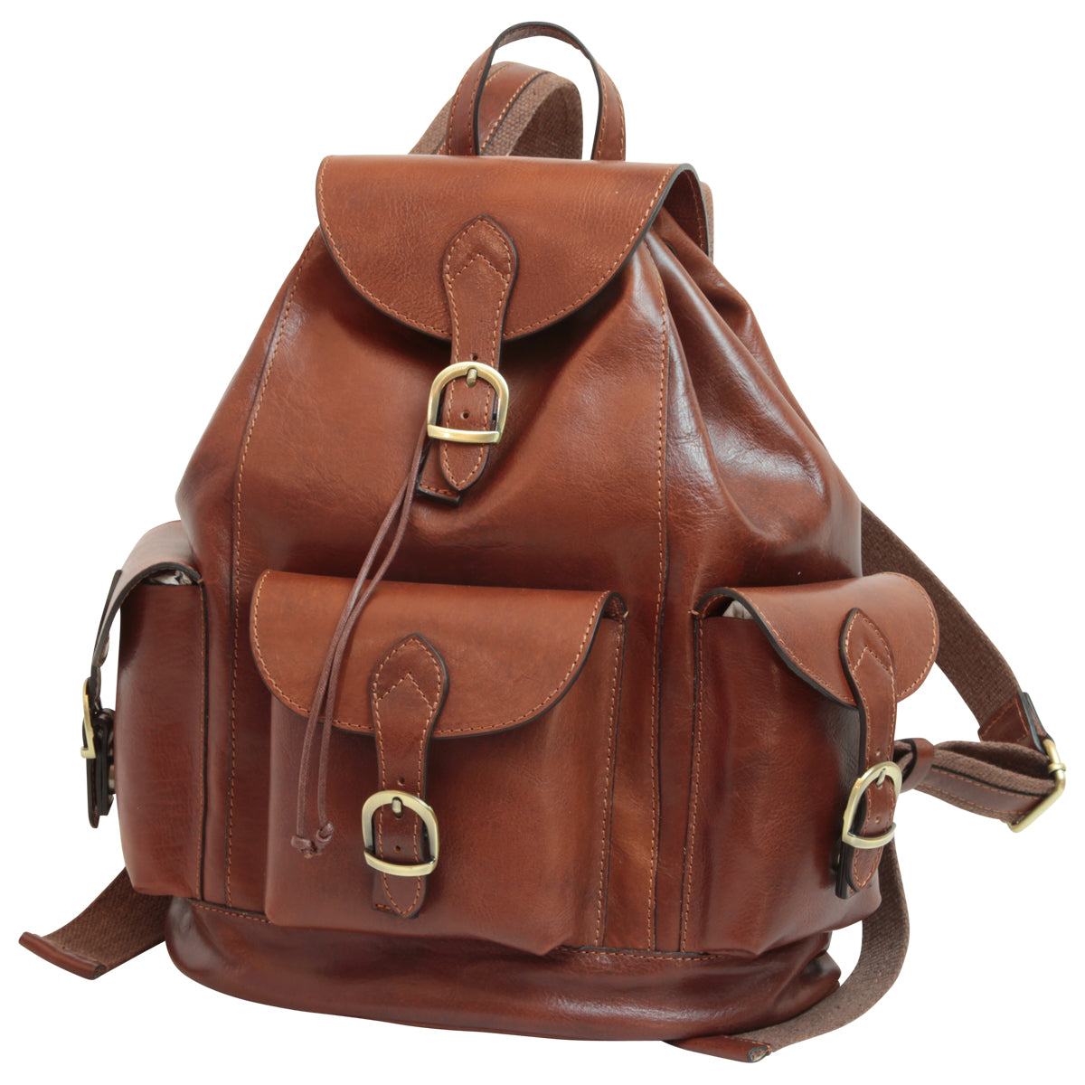 Leather Backpack With 3 Exterior Pockets - Brown