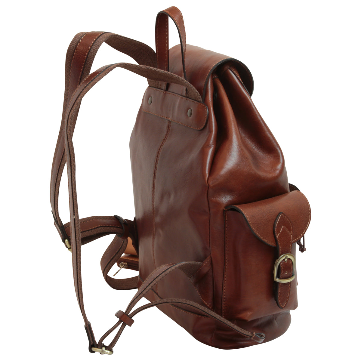 Leather Backpack With 3 Exterior Pockets - Brown