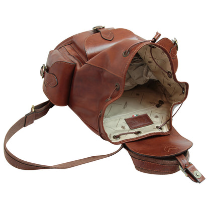 Leather Backpack With 3 Exterior Pockets - Brown