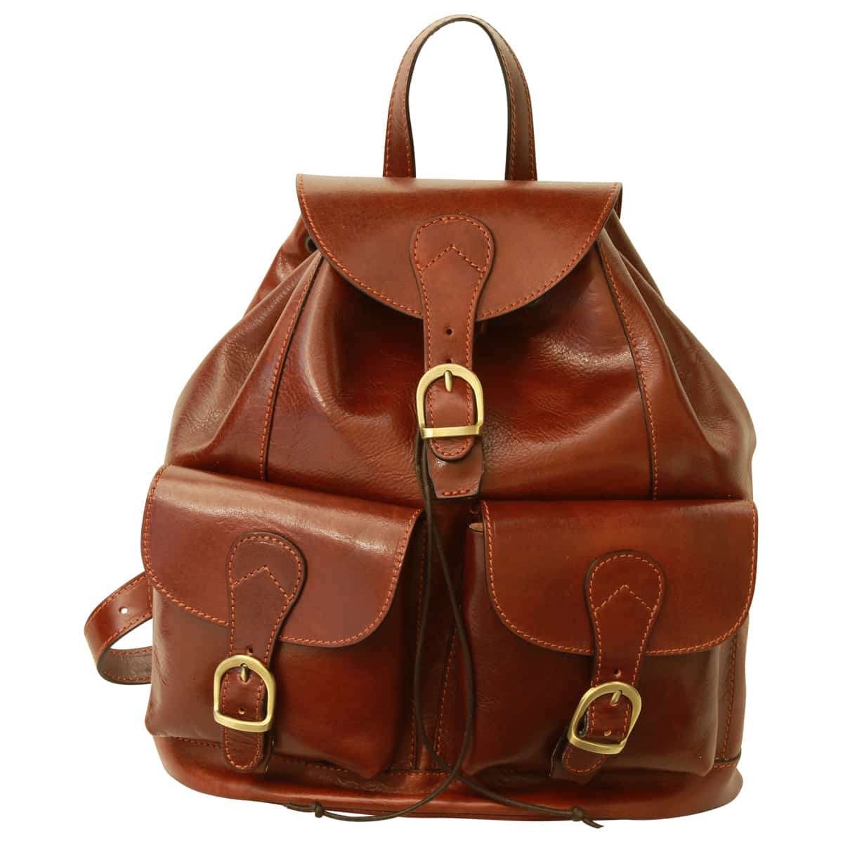 Leather Backpack With 2 Exterior Pockets - Brown