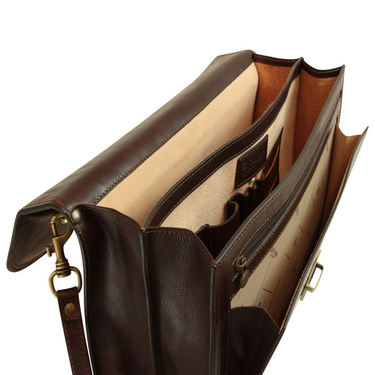 Briefcase With Leather Shoulder Strap - Dark Brown