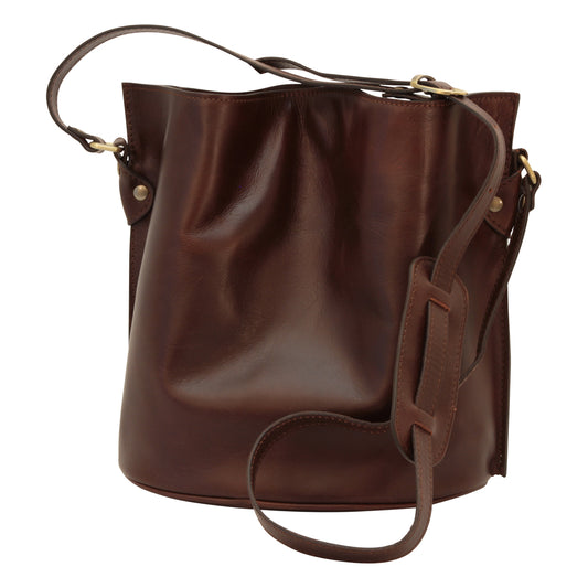 Cowhide Leather Shoulder Bag - Dark Brown